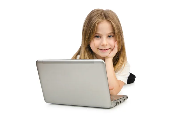 Cute girl with laptop on white — Stock Photo, Image