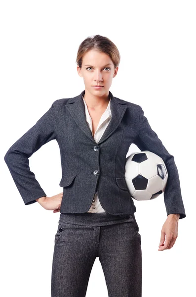 Geschäftsfrau mit Fußball in Weiß — Stockfoto