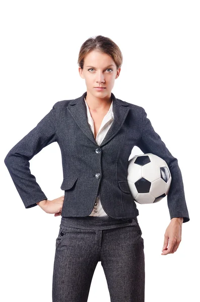 Femme d'affaires avec football sur blanc — Photo