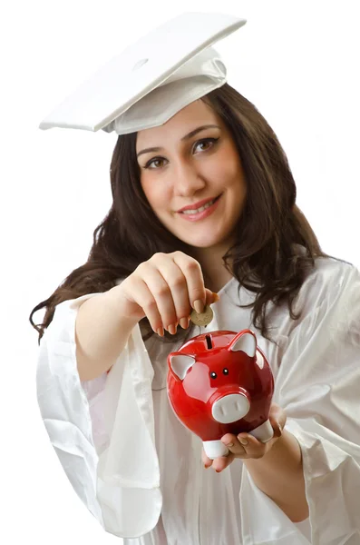 Dure onderwijs concept met student en piggy bank — Stockfoto