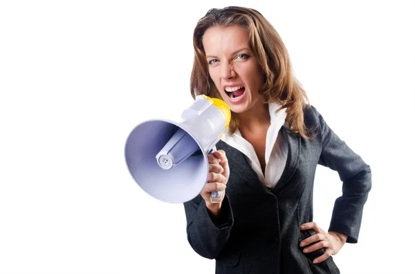 Bizneswoman z głośnikiem na białym — Zdjęcie stockowe