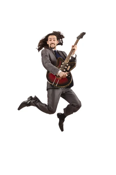 Guitar player in business suit on white — Stock Photo, Image