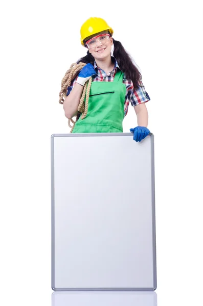 Woman builder with blank board — Stock Photo, Image