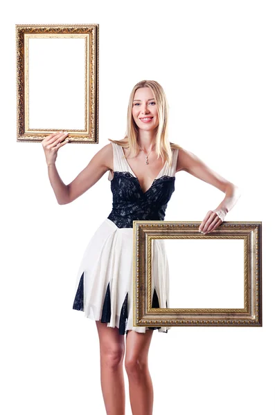 Frau mit Bilderrahmen auf Weiß — Stockfoto