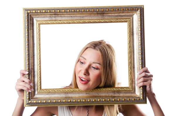 Woman with picture frames on white — Stock Photo, Image