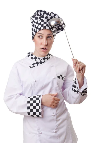 Mujer cocinero con cucharón en blanco —  Fotos de Stock