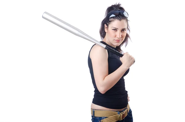 Woman criminal with bat on white Stock Picture