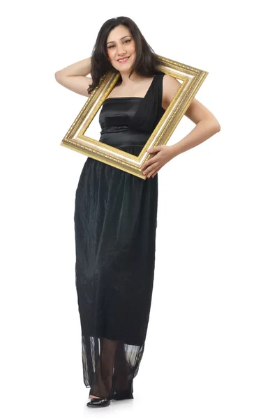 Woman with picture frame on white — Stock Photo, Image