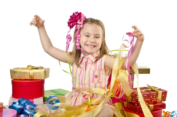 Concepto de celebración con chica y cajas de regalos —  Fotos de Stock