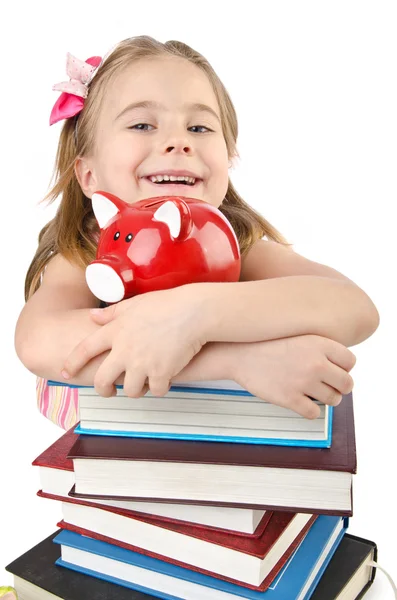 Kleines Mädchen mit Büchern auf weiß — Stockfoto