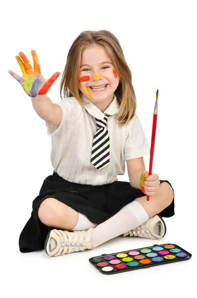 Menina bonito com tinta no branco — Fotografia de Stock