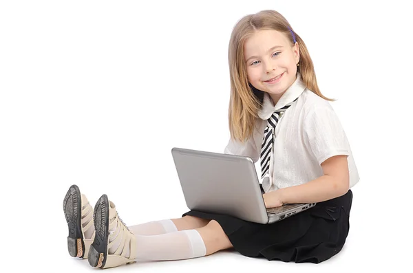 可爱的女孩与白色的笔记本电脑 — 图库照片