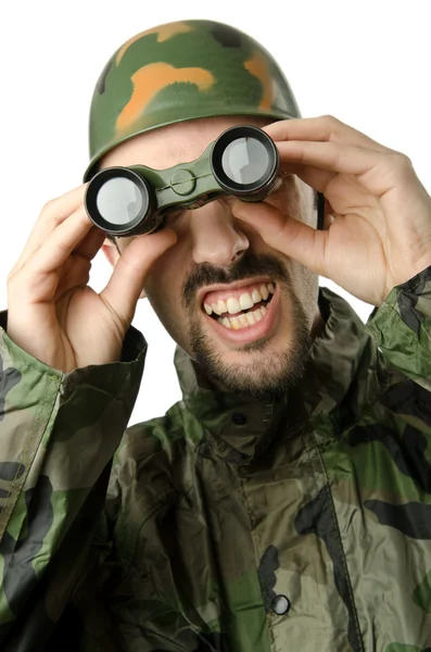 Soldado engraçado com binóculos — Fotografia de Stock