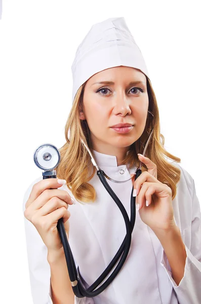 Médico mulher atraente isolado em branco — Fotografia de Stock