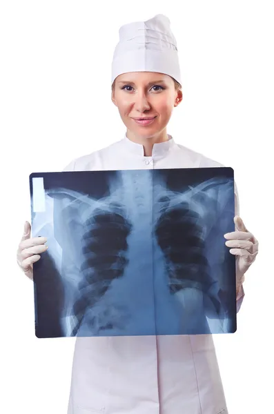 Woman doctor examining x-ray on white — Stock Photo, Image