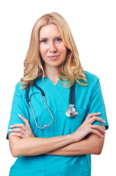 Médico mulher atraente isolado em branco — Fotografia de Stock