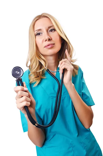 Médico mulher atraente isolado em branco — Fotografia de Stock