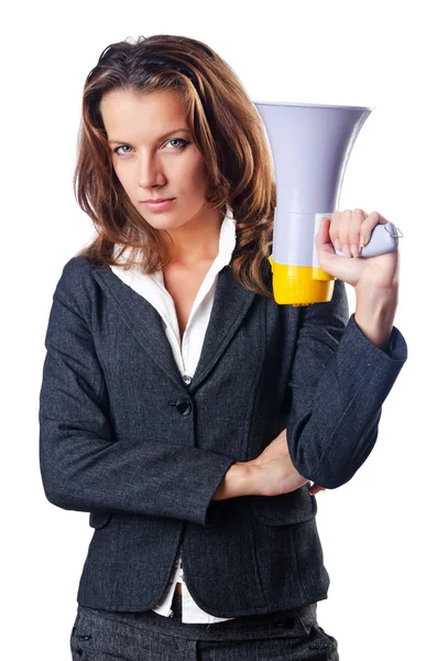 Femme d'affaires avec haut-parleur sur blanc — Photo