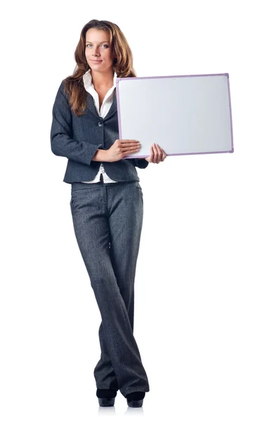 Empresária com placa em branco no branco — Fotografia de Stock