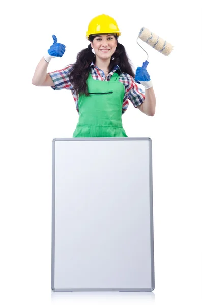 Woman builder with blank board — Stock Photo, Image