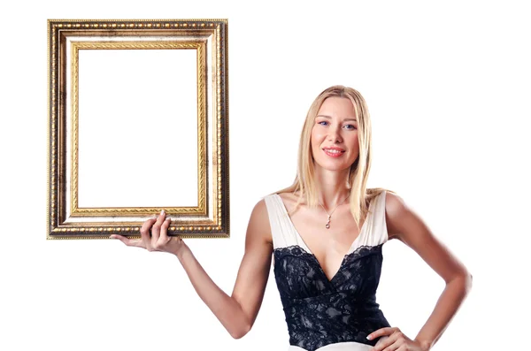 Young woman with picture frame on white — Stock Photo, Image