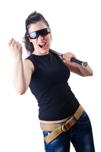 Woman criminal with bat on white — Stock Photo, Image