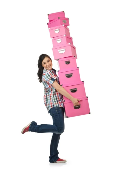 Menina com pilha de caixas de presente — Fotografia de Stock