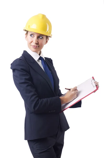 Mujer de negocios con casco en blanco —  Fotos de Stock