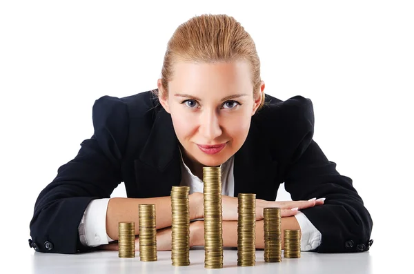 Businesswoman with coins on white — Stock Photo, Image