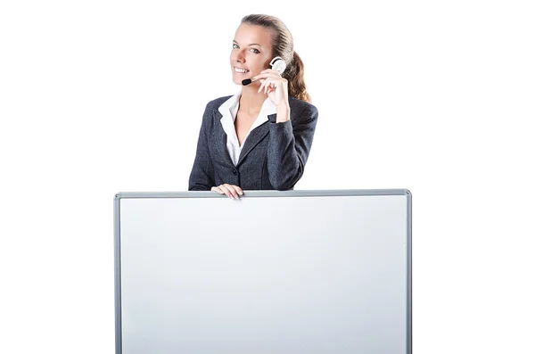 Menina com fone de ouvido e placa em branco — Fotografia de Stock