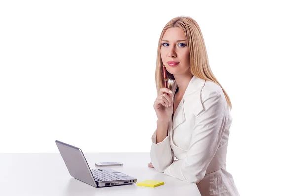 Woman with laptop on white — Stock Photo, Image