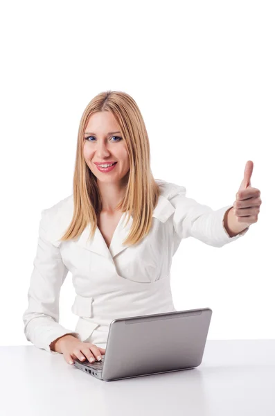 Vrouw met laptop op witte — Stockfoto