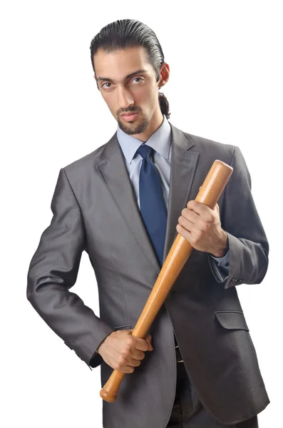 Angry businessman with bat on white — Stock Photo, Image