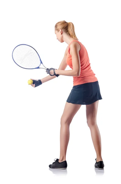 Γυναίκα που παίζει τένις σε λευκό — Φωτογραφία Αρχείου