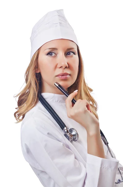 Attrative γυναίκα γιατρός απομονωθεί σε λευκό — Φωτογραφία Αρχείου