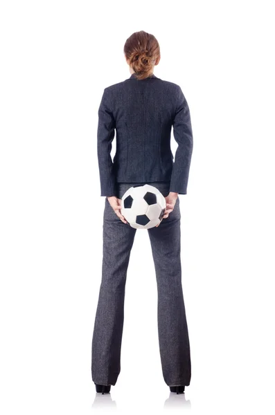 Businesswoman with football on white — Stock Photo, Image