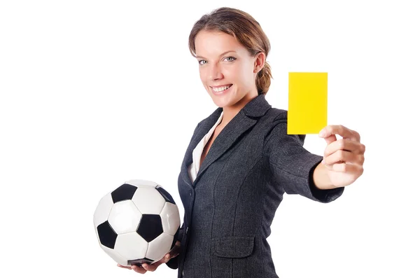 Zakenvrouw met voetbal op wit — Stockfoto
