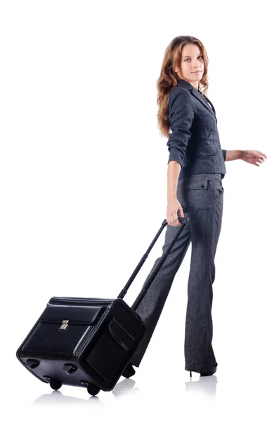 Businesswoman with suitcase on white — Stock Photo, Image