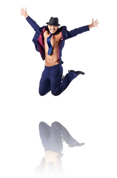 Naked businessman jumping on white — Stock Photo, Image