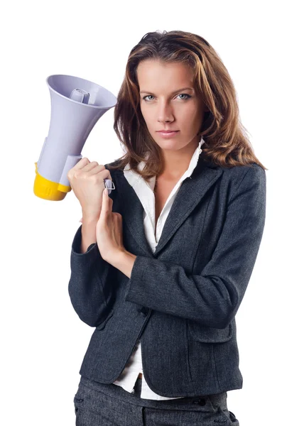 Businesswoman with loudspeaker on white — Stock Photo, Image