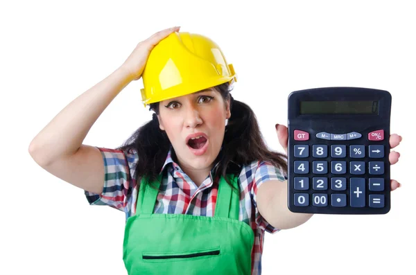 Mujer constructora con calculadora en blanco — Foto de Stock