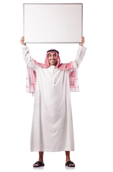 Arab man with blank board on white — Stock Photo, Image