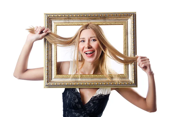 Žena s rámečky obrázků na bílém pozadí — Stock fotografie