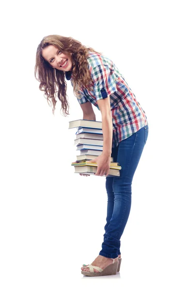 Estudante com muitos livros sobre branco — Fotografia de Stock