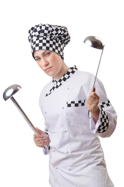 Mulher cozinheiro com concha em branco — Fotografia de Stock