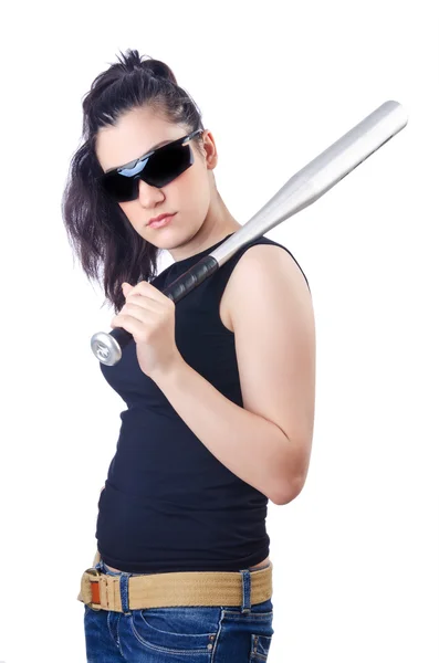 Woman criminal with bat on white — Stock Photo, Image