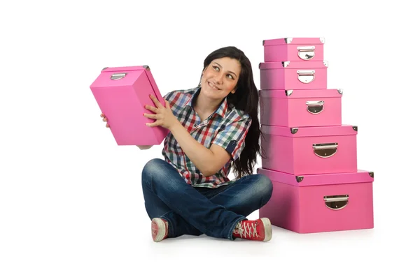 Chica con pila de cajas de regalos — Foto de Stock