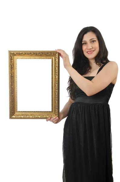 Femme avec cadre photo sur blanc — Photo