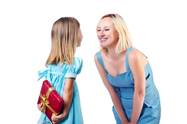 Happy mom and daughter on white — Stock Photo, Image