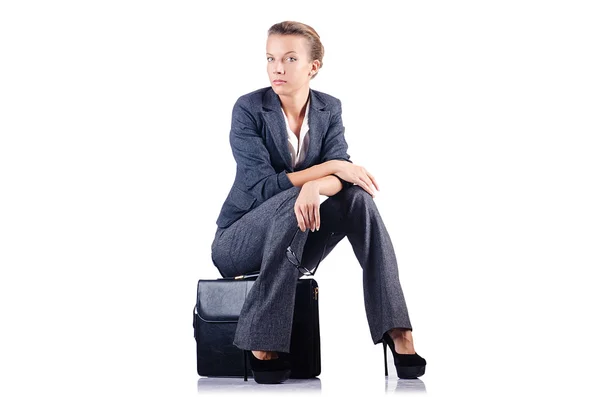 Young woman with briefcase on white — Stock Photo, Image